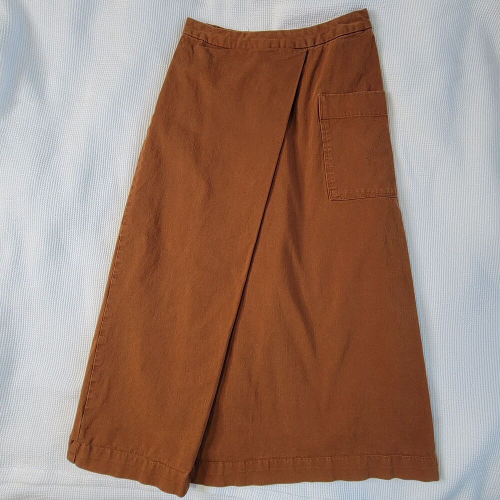 MUJI Brown Asymmetrical Pleat Midi Skirt Size S Cotton Pockets Chore Pocket Zip - Picture 4 of 9